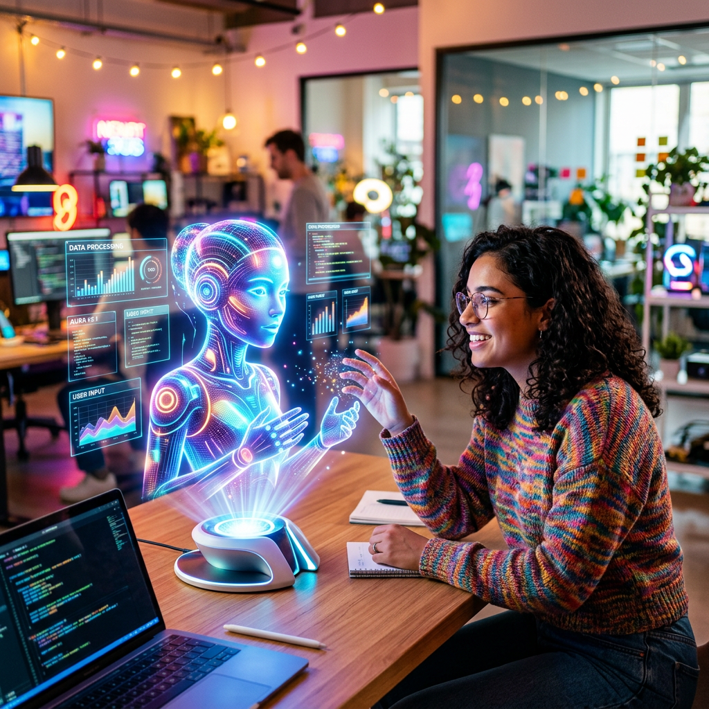 Woman interacting with AI hologram showing data visualizations