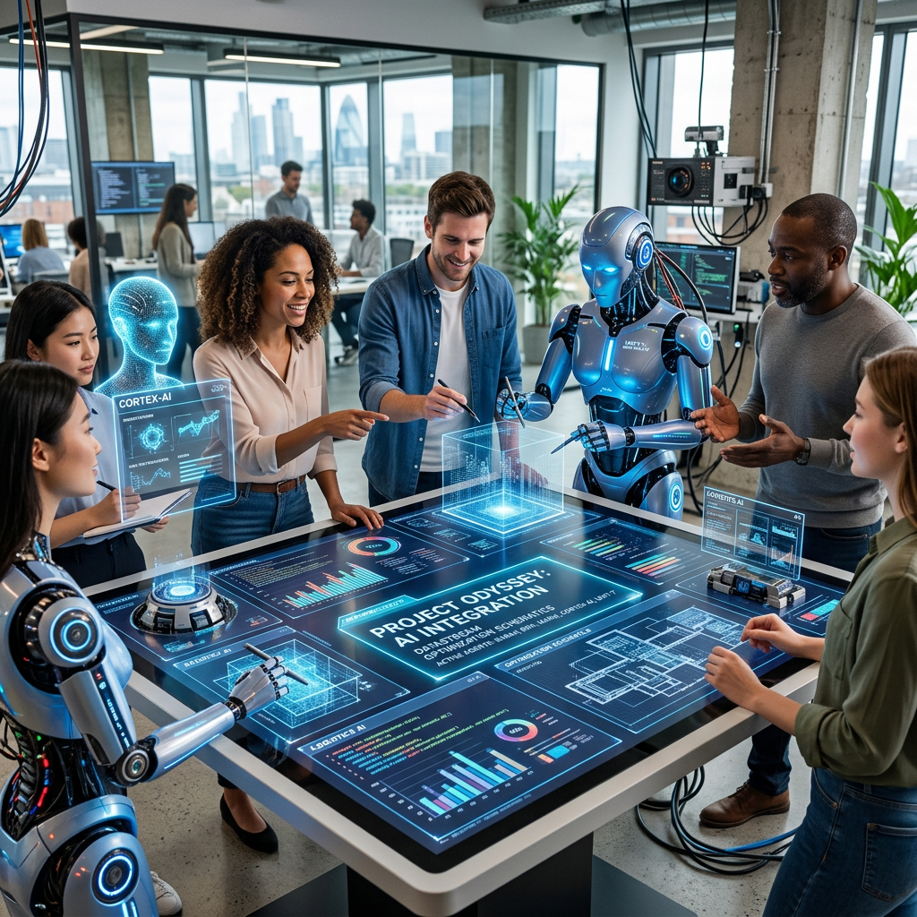 Group of people and robots interacting with a futuristic AI integration touchscreen table